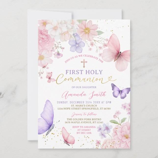 Invitación Pink Purple Butterfly Girl First Holy Communion (Anverso)