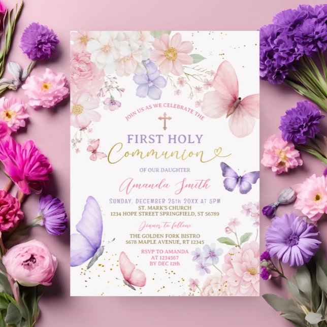 Invitación Pink Purple Butterfly Girl First Holy Communion (Subido por el creador)