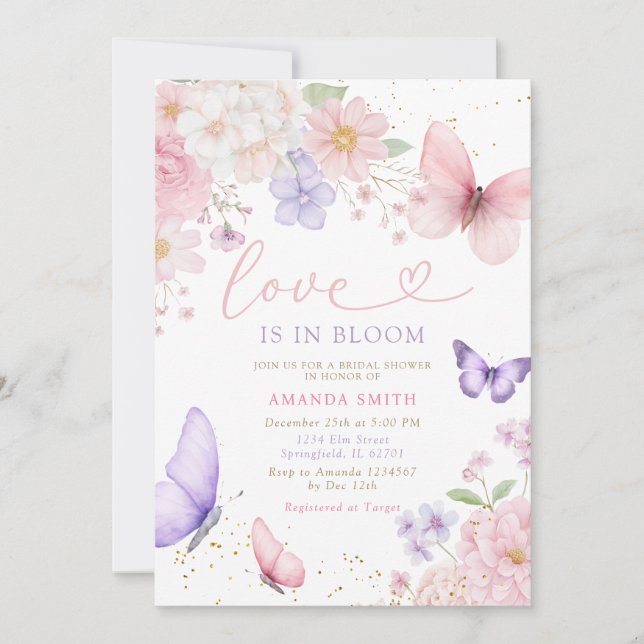 Invitación Pink Purple Butterfly Love In Bloom Bridal Shower (Anverso)