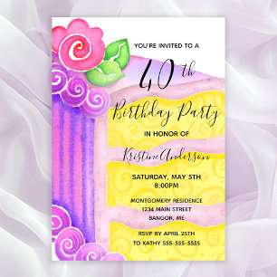 Invitación Pink Purple Cake Floral 40 Fiesta de cumpleaños