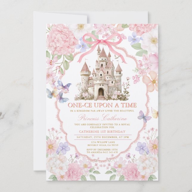 Invitación Pink Purple castle Butterflies Royal 1st Birthday  (Anverso)