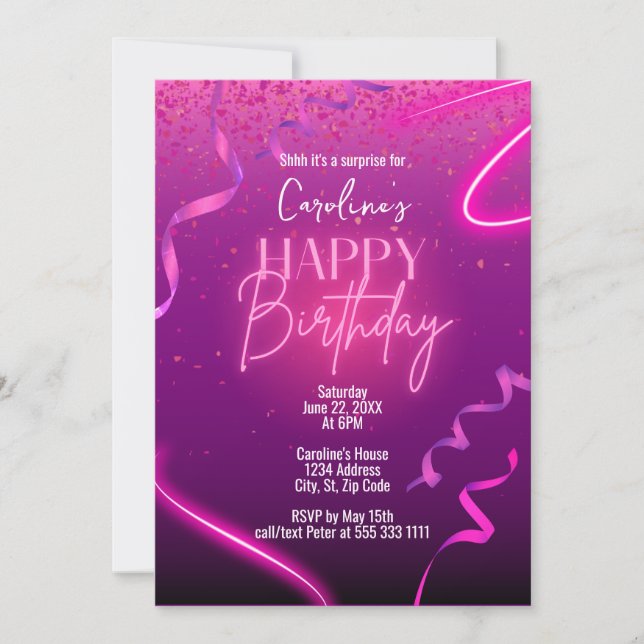 Invitación Pink Purple Confetti Neon Surprise Party Birday (Anverso)
