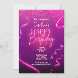 Invitación Pink Purple Confetti Neon Surprise Party Birday