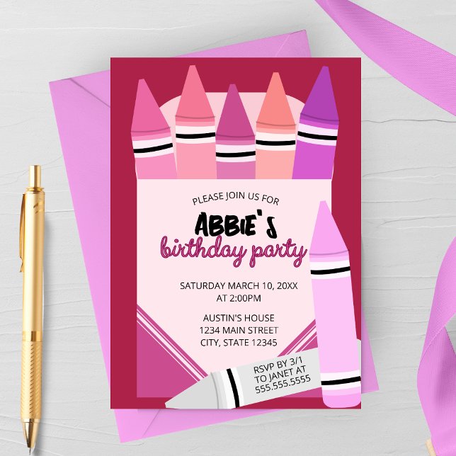 Invitación Pink & Purple Crayon Box Birthday Party Invitation (Subido por el creador)