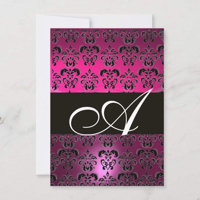Invitación PINK PURPLE DAMASK NEGRO MONOGRAM fuchsia blanco (Anverso)