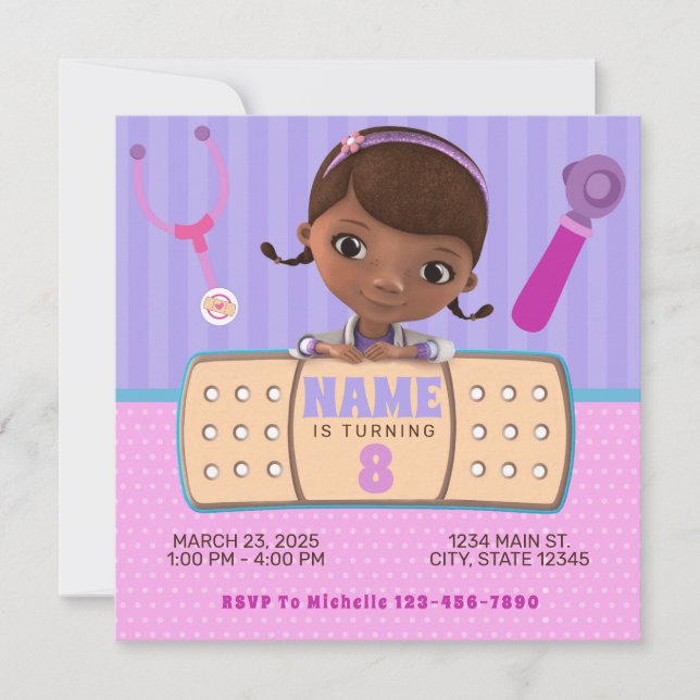 Invitación Pink Purple Doc Stuffins Cumpleaños (Anverso)