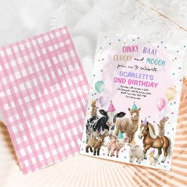 Invitación Pink Purple Farm Animals Barnyard Birthday Chica