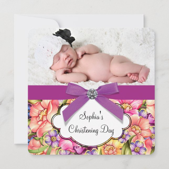 Invitación Pink Purple Floral Baby Girl Foto Christening (Anverso)