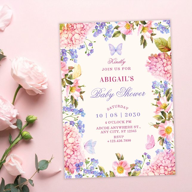 Invitación Pink purple floral butterflies baby shower (Subido por el creador)