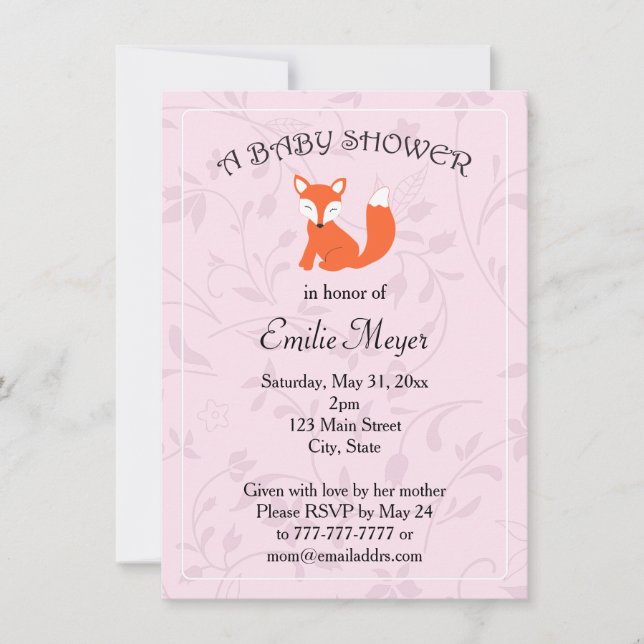 Invitación Pink Purple Floral Fox Woodland Baby Shower (Anverso)