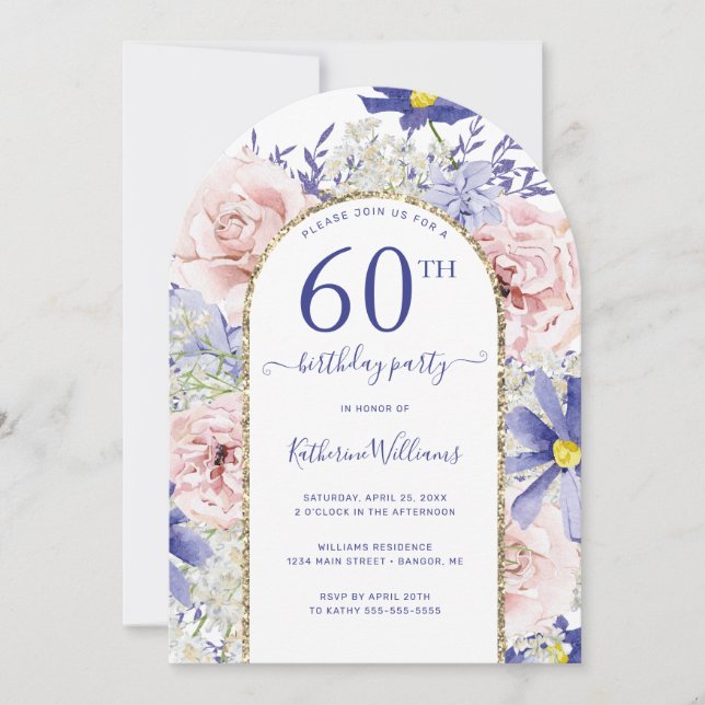 Invitación Pink Purple Floral Gold Arch 60th Birthday Party (Anverso)