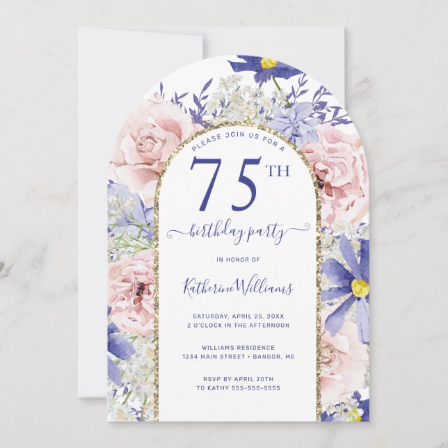 Invitación Pink Purple Floral Gold Arch 75 cumpleaños (Anverso)
