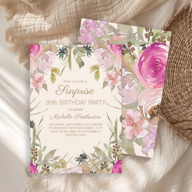 Invitación Pink Purple Floral Sorpresa 90 cumpleaños Invita (Elegant pink watercolor floral Surprise 90th birthday party invitation)