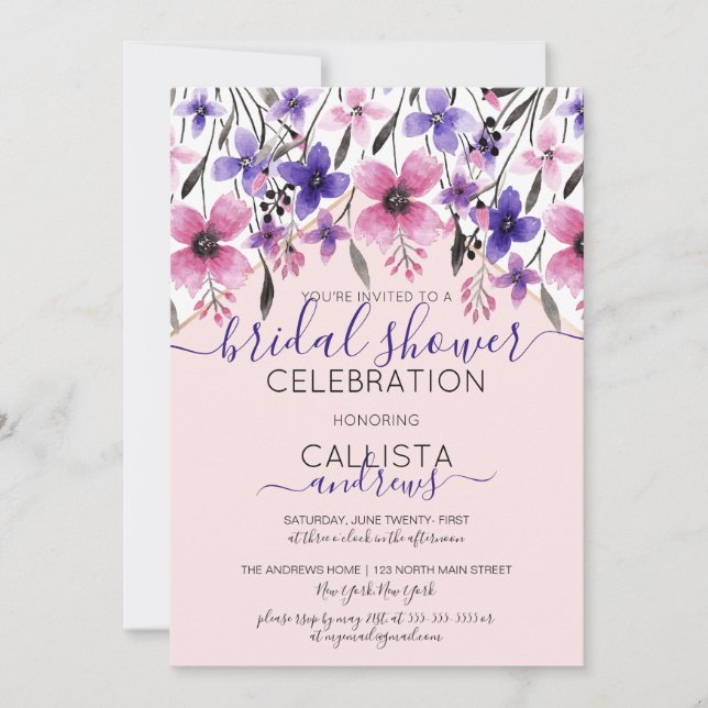 Invitación Pink Purple Floral Watercolor Brillante (Anverso)
