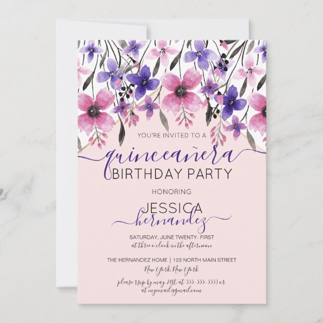 Invitación Pink Purple Floral Watercolor Quinceañera (Anverso)