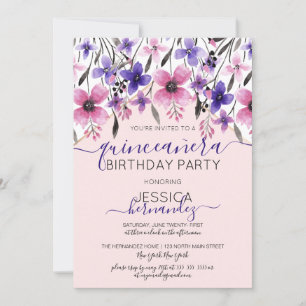 Invitación Pink Purple Floral Watercolor Quinceañera