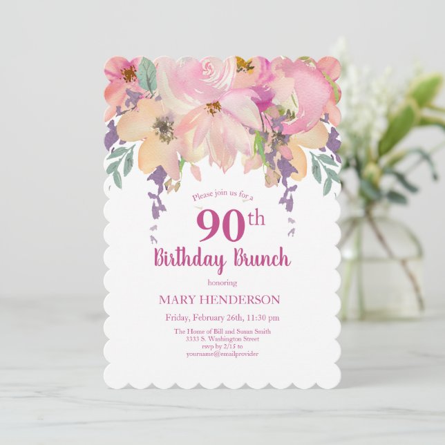 Invitación Pink Purple Garden Floral 90 cumpleaños Brunch (Anverso de pie)