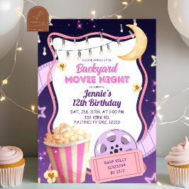 Invitación Pink Purple Girl Backyard Movie Night Birthday