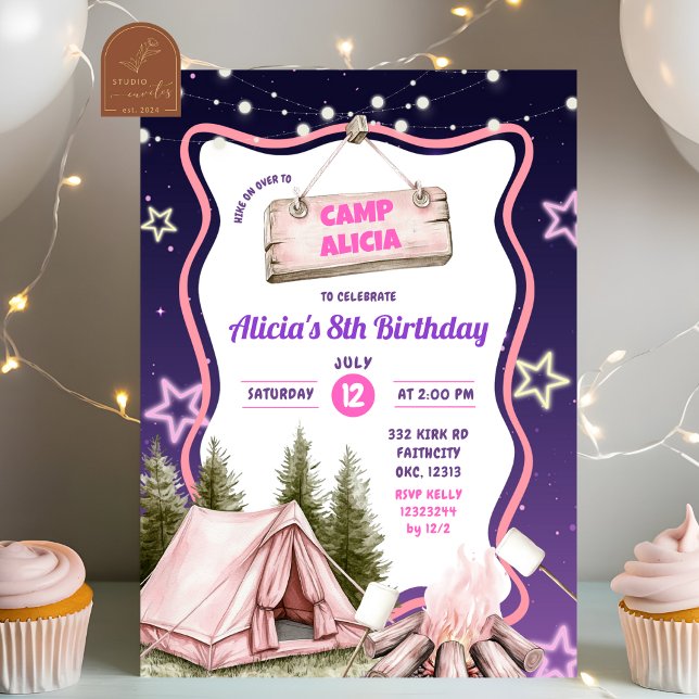 Invitación Pink Purple Girl Camping Birthday  (Subido por el creador)