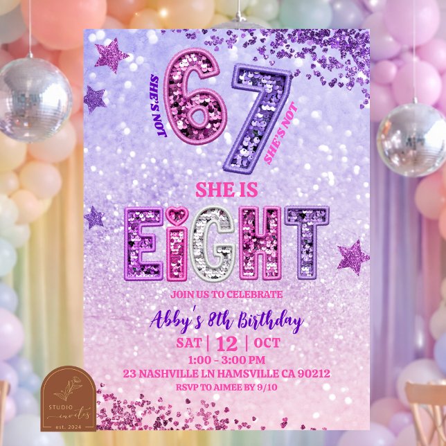 Invitación Pink Purple Glitter 67 Girl 8th Birthday PartY (Subido por el creador)