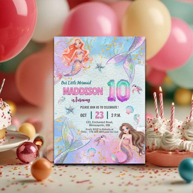 Invitación Pink Purple Glitter Mermaids 10th Birthday Party (Subido por el creador)