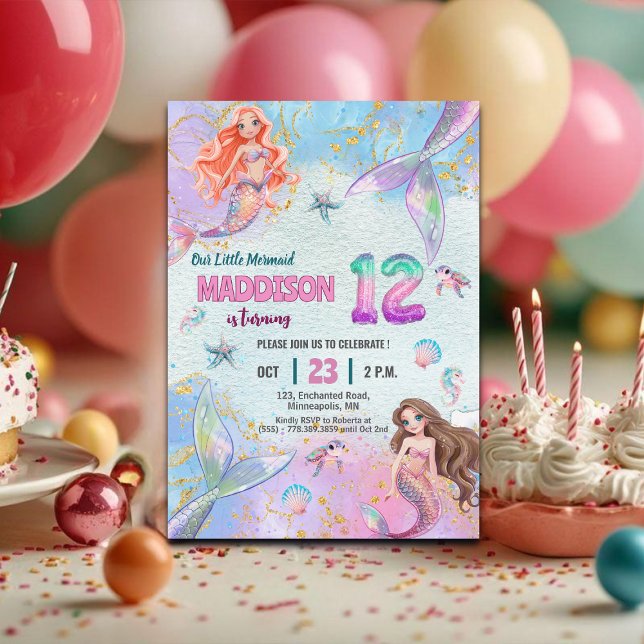 Invitación Pink Purple Glitter Mermaids 12th Birthday Party (Subido por el creador)