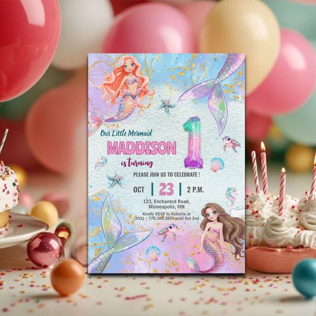Invitación Pink Purple Glitter Mermaids 1st Birthday Party (Subido por el creador)