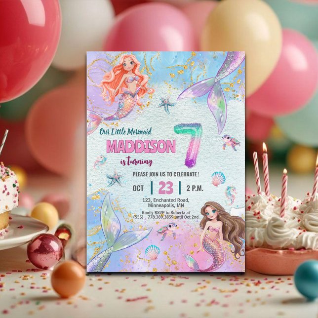 Invitación Pink Purple Glitter Mermaids 7th Birthday Party (Subido por el creador)