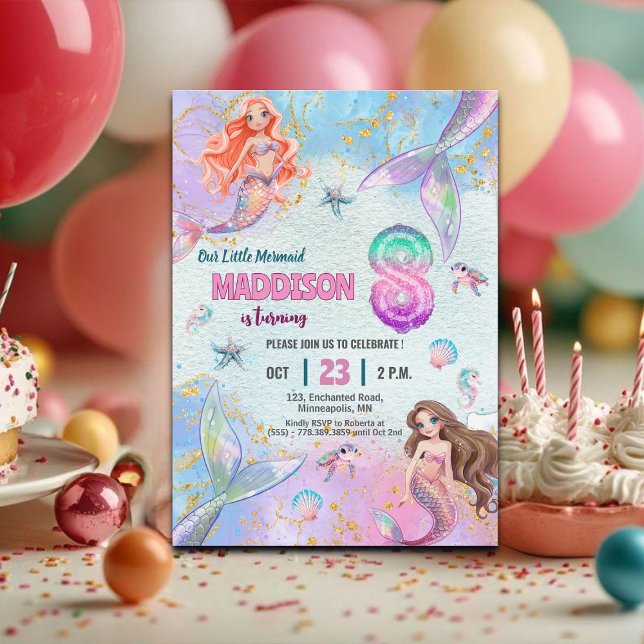 Invitación Pink Purple Glitter Mermaids 8th Birthday Party (Subido por el creador)