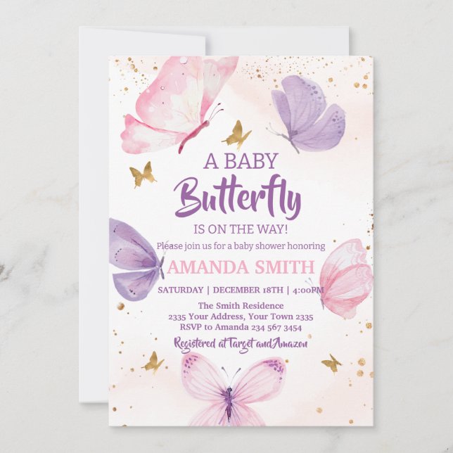 Invitación  Pink Purple Gold Butterfly Baby Shower (Anverso)