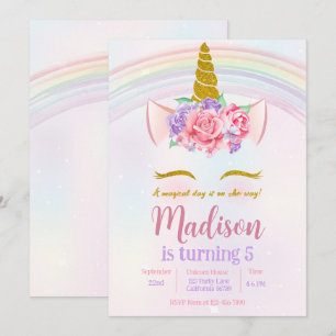 Invitación Pink Purple Gold Floral Rainbow Unicorn Fiesta