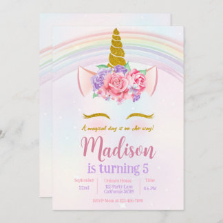 Invitación Pink Purple Gold Floral Rainbow Unicorn Fiesta