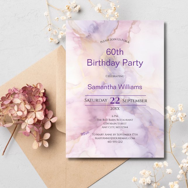 Invitación Pink Purple Gold Watercolor 60 cumpleaños (Pink purple gold watercolor wash 60th birthday invitation for her. Edit it for any year)