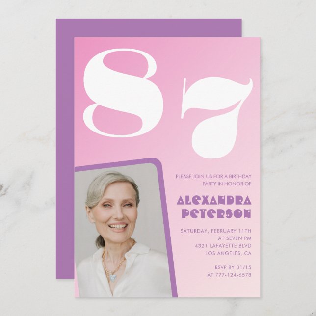 Invitación Pink Purple Gradient Foto 87 cumpleaños (Anverso / Reverso)