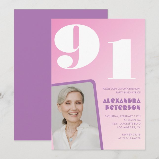Invitación Pink Purple Gradient Foto 91 cumpleaños (Anverso / Reverso)