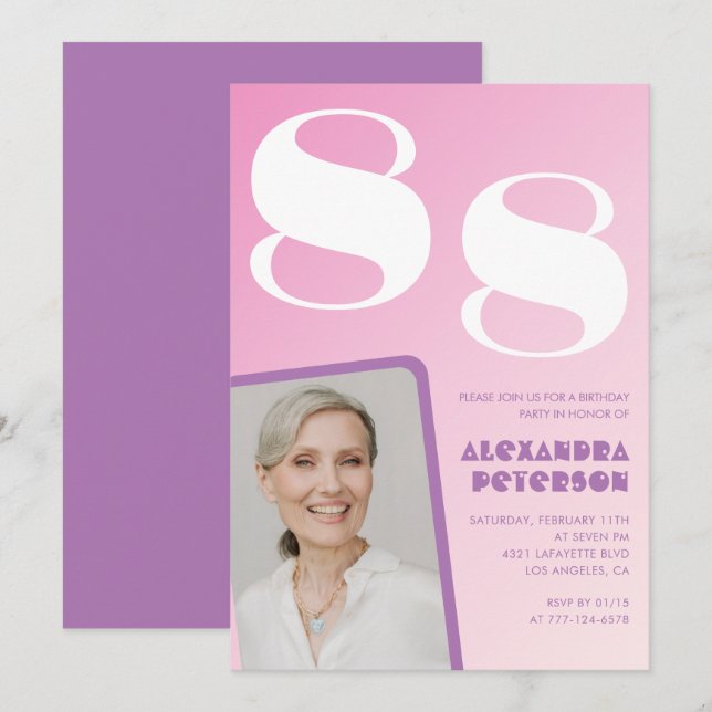 Invitación Pink Purple Gradient Foto de 88º cumpleaños (Anverso / Reverso)