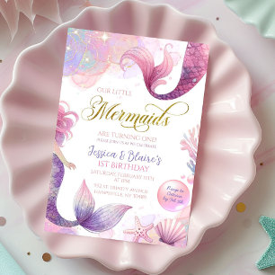Invitación Pink Purple Little Two Mermaids Cumpleaños