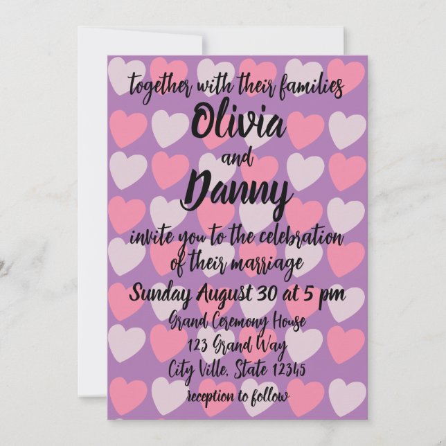 Invitación Pink Purple Love Hearts Pattern Romantic Boda (Anverso)