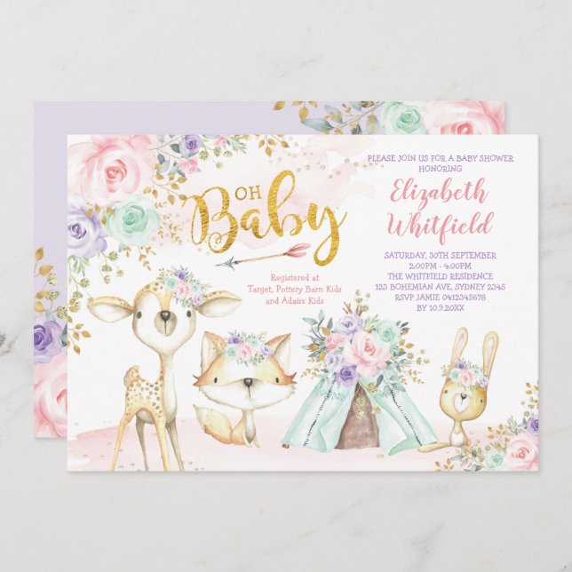Invitación Pink Purple Mint Tribal Woodland Baby Shower (Anverso / Reverso)