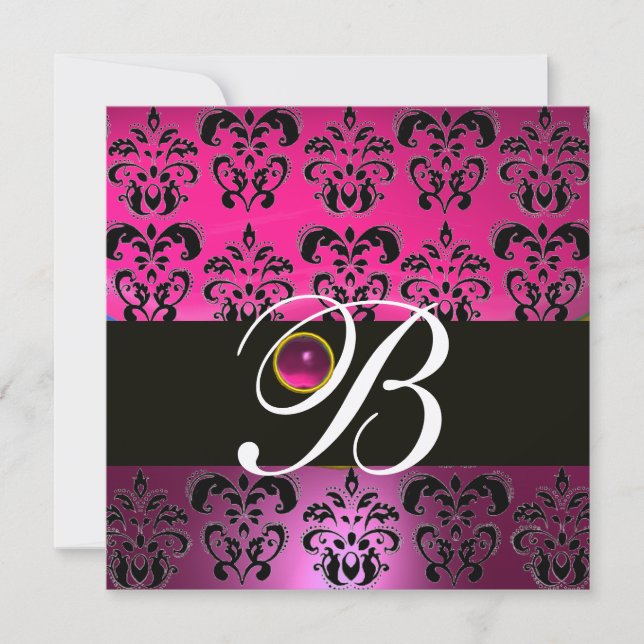 Invitación PINK PURPLE NEGRO DAMASK MONOGRAM Amethysia (Anverso)