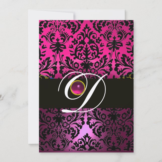 Invitación PINK PURPLE NEGRO DAMASK MONOGRAM Amethysia (Anverso)