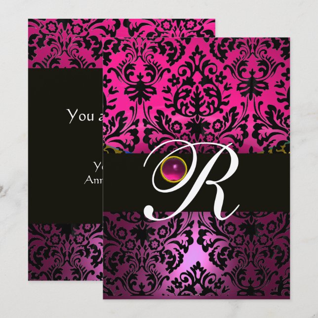 Invitación PINK PURPLE NEGRO DAMASK MONOGRAM Amethysia (Anverso / Reverso)