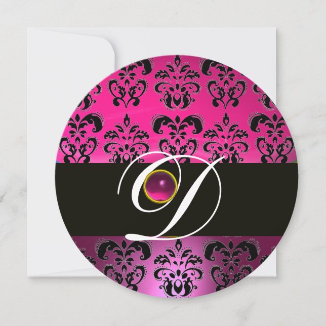 Invitación PINK PURPLE NEGRO DAMASK MONOGRAM Amethysia (Anverso)