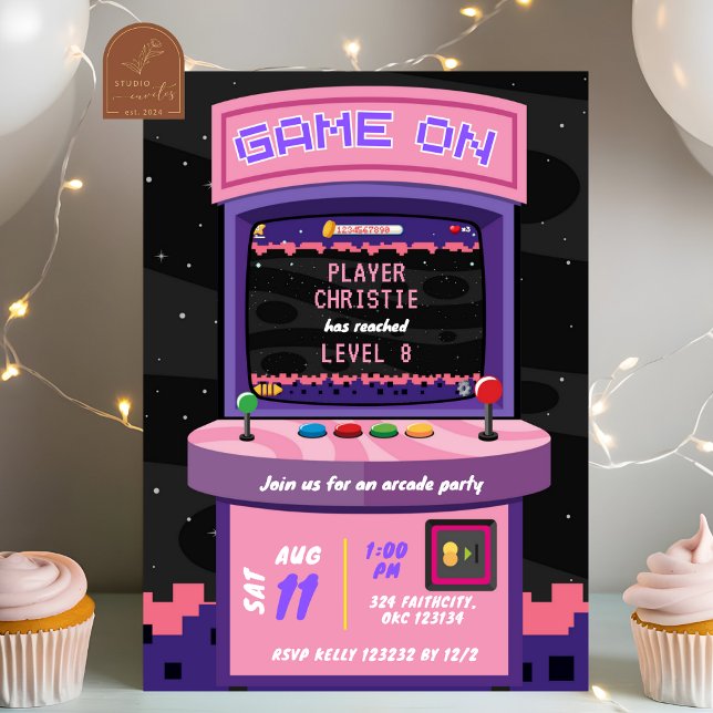 Invitación Pink Purple Neon Arcade Game Chica Cumpleaños (Subido por el creador)