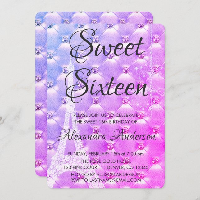 Invitación Pink Purple Paris Dulce Fiesta de Cumpleaños (Anverso / Reverso)