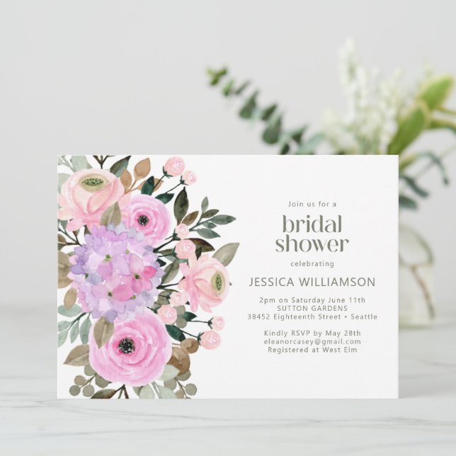 Invitación Pink Purple Rustic Garden Floral Bridal Shower (Anverso de pie)