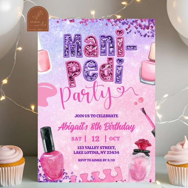 Invitación Pink Purple sequin MANI PEDI Party birthday  (Subido por el creador)