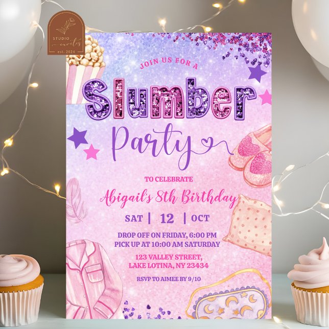 Invitación Pink Purple Sequin Slumber Party Birthday (Subido por el creador)