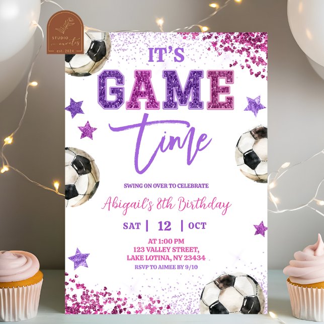 Invitación Pink Purple Sequin Soccer Girl Birthday (Subido por el creador)