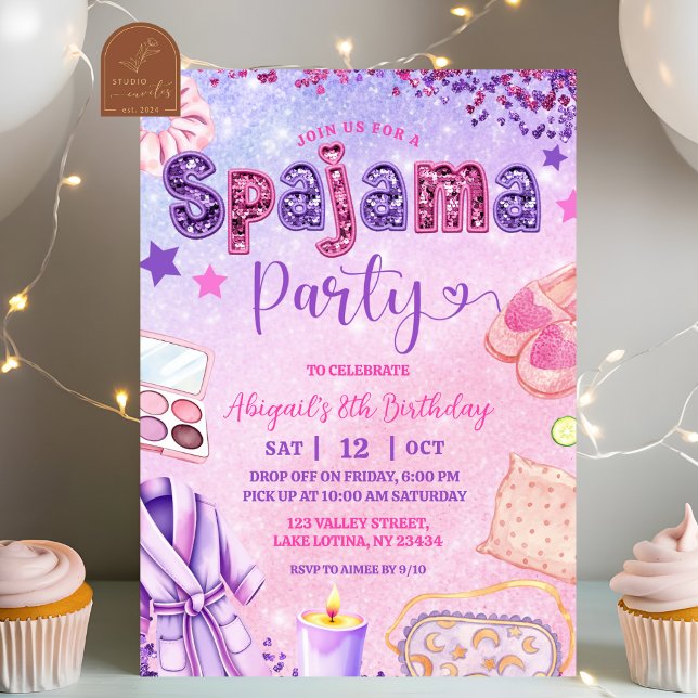 Invitación Pink Purple sequin Spajama Party Birthday (Subido por el creador)